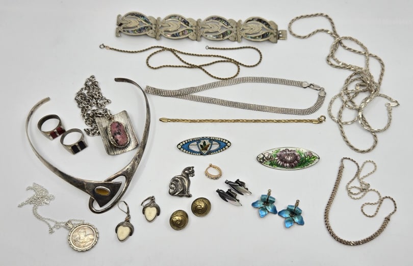 Grouping of Silver Jewelry: Grouping of Silver Jewelry Mid-Century, Mexico.
