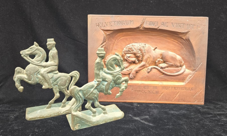 Carved Wooden Plaque & Horse Bookends: Antique Carved Wooden Plaque & Horse Bookends