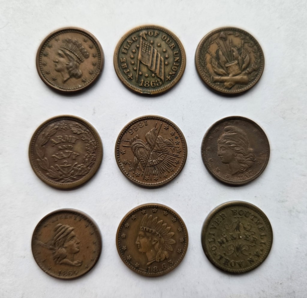 Nine Civil War Tokens 1863-64: (9) 1863, 1864 Civil War Tokens
