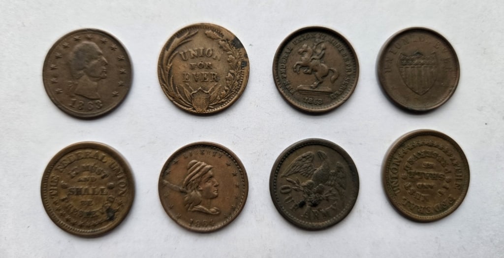 Eight Civil War Tokens 1863-64: (8) 1863, 1864 Civil War Tokens