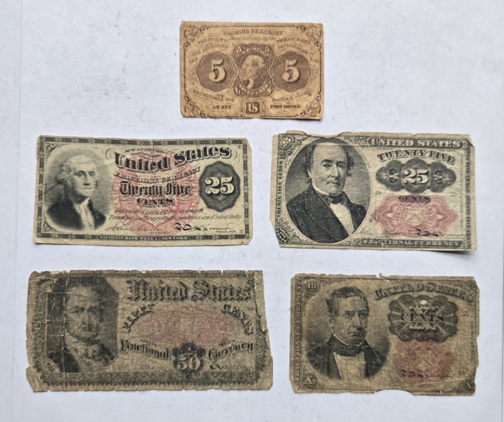 5 Cent 1st Issue Postage, 25 Cent Frac Currency (1 of 9)