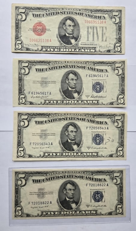 Series 1928-F $5, 1953- A&B Series $5 Note: Series 1928-F $5 Red Seal Series, 1953-A&B Series, $5 Note Silver Certificates