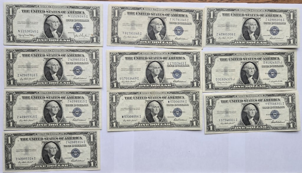 1935, 57, 63, 69 Series $1 Notes: (10) 1935-D,F,H Series $1 Notes inc . (3) Sequential Dates; (15) 1957- H,A,B Series $1 Notes, (48) 1963-69 $1 Bills