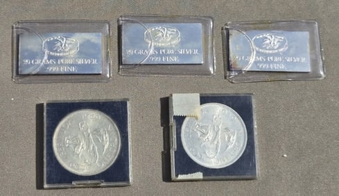 (3) Silver 20 Gram Bars (2) 1959 Bermuda Crowns