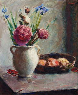 PEONIES AND IRIS IN A VASE AND A BOWL OF FRUIT by: Roderic O'Conor, 1860 - 1940 PEONIES AND IRIS IN A VASE AND A BOWL OF FRUIT (1916) Oil on canvas 21 1/2" x 18" (54.6 x 45.7 cm), signed top right: 'O'Conor / 16'; stamped verso 'atelier / O'CONOR'.