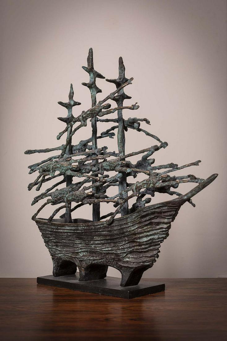 FAMINE SHIP by John Behan RHA: John Behan RHA, b. 1938 FAMINE SHIP Bronze, 21 "high x 21 " wide (53.5 x 53.5cm), signed. "Say the name John Behan and you see the bulls of Cooley and the Children of Lir and the bittern of Cathal Bui