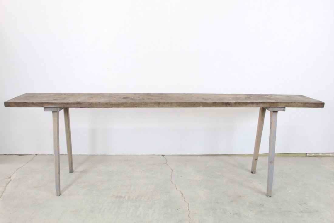 Trestle Table: Grey painted long and lean table. Dimensions: 108in x 33in
