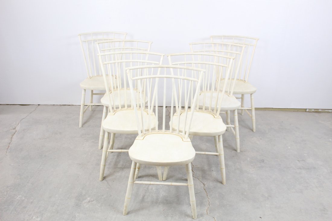 Set of White Birdcage Windsor Wooden Chairs: Set of 7 Birdcage Windsor chairs painted white. Very good condition with little wear, call for additional condition report. Dimensions: 16in x 18in x 35.5in