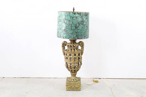 Gilded Tin Lamp with Green Swirled Shade: Lovely gilt tin lamp with ornate shade of faux marble painted green and white. Composed of 18th century architectural trim pieces.