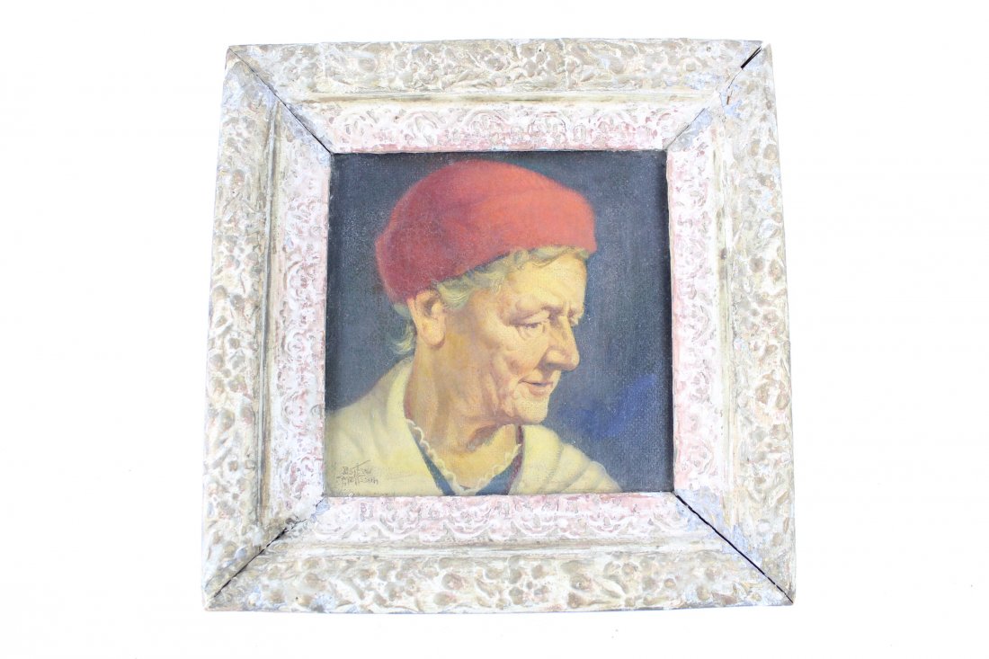 Bartow Van Voorhis Matteson Oil Painting (NY 1892-1984): Oil painting on wood board of a women in a bright red hat in a gesso frame. Great little art piece from Woodstock, NY. Matteson lived from 1892-1984 known for his art and illustration. Signed. Excelle