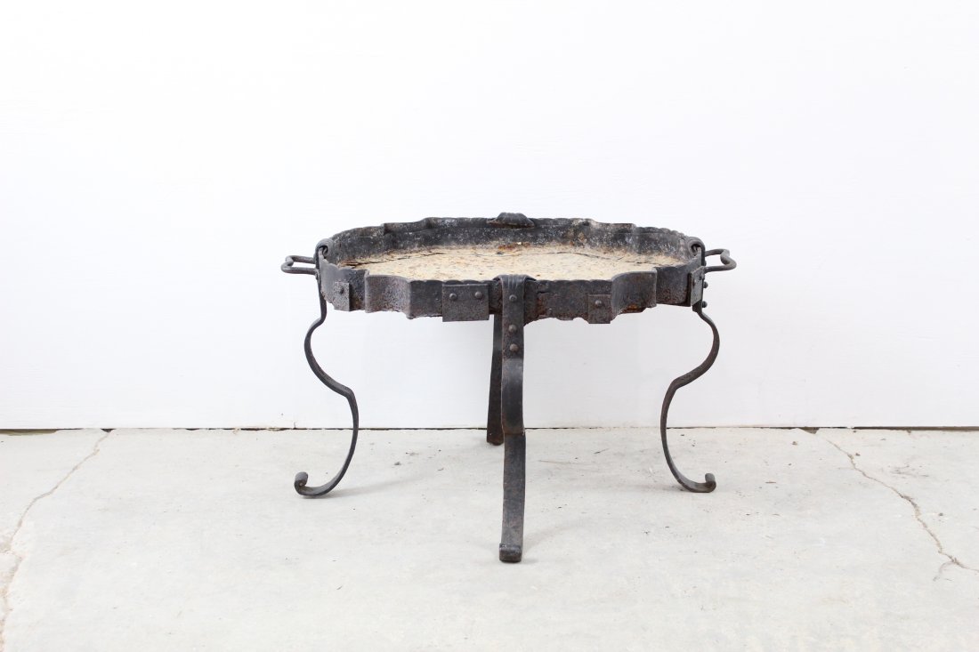 Iron Deep Dish Planter Stand with Handles: Interesting iron planter, like a deep dish pan with handles and legs. Very unique design not often seen. Would be great indoors or out. It has a contemporary black paint layer. Very solid piece. Condi