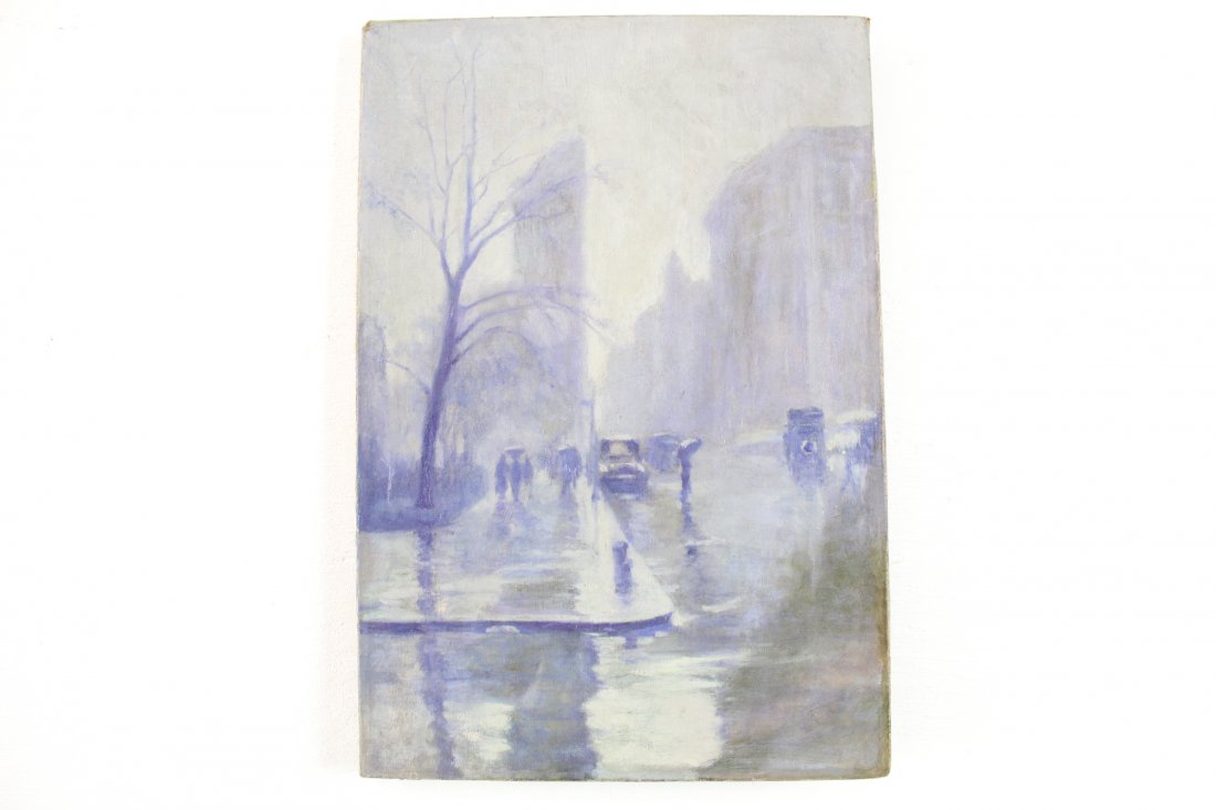 City Scene Painting in the style of WPA: Dated 1918 and signed J.O. Maubergne, this painting is of a street scene. Painted in lovely blue tones in the style of WPA. Painting is on stretched canvas.Condition: excellent. call for additional co