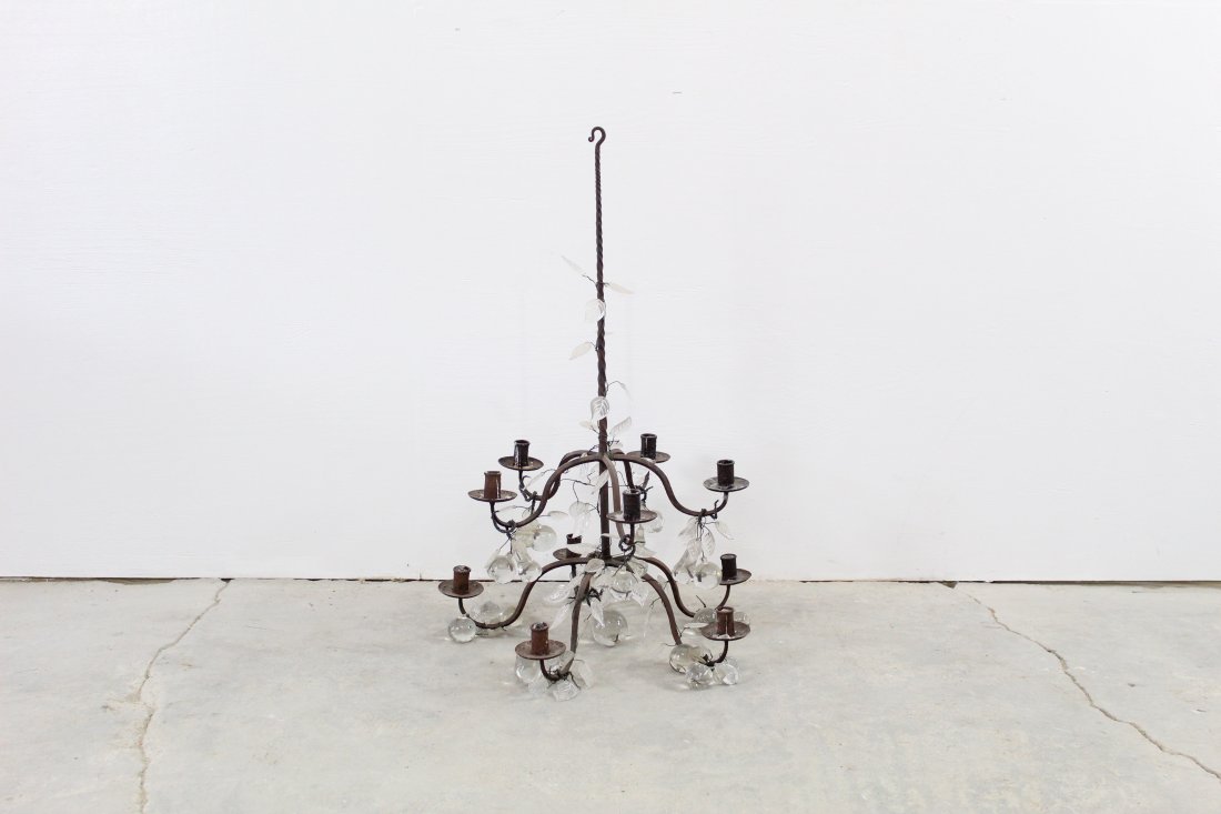 Wrought Iron and Glass Fruit Candelabra Chandelier: Wrought iron and glass fruit candelabra chandelier. Good condition, minor wear to some parts of the iron, call for additional condition report.Dimensions: 24in x 24in x 39in