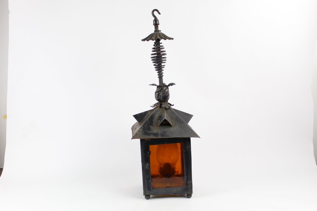 Iron Hanging Lantern with Orange Glass (1 of 9)
