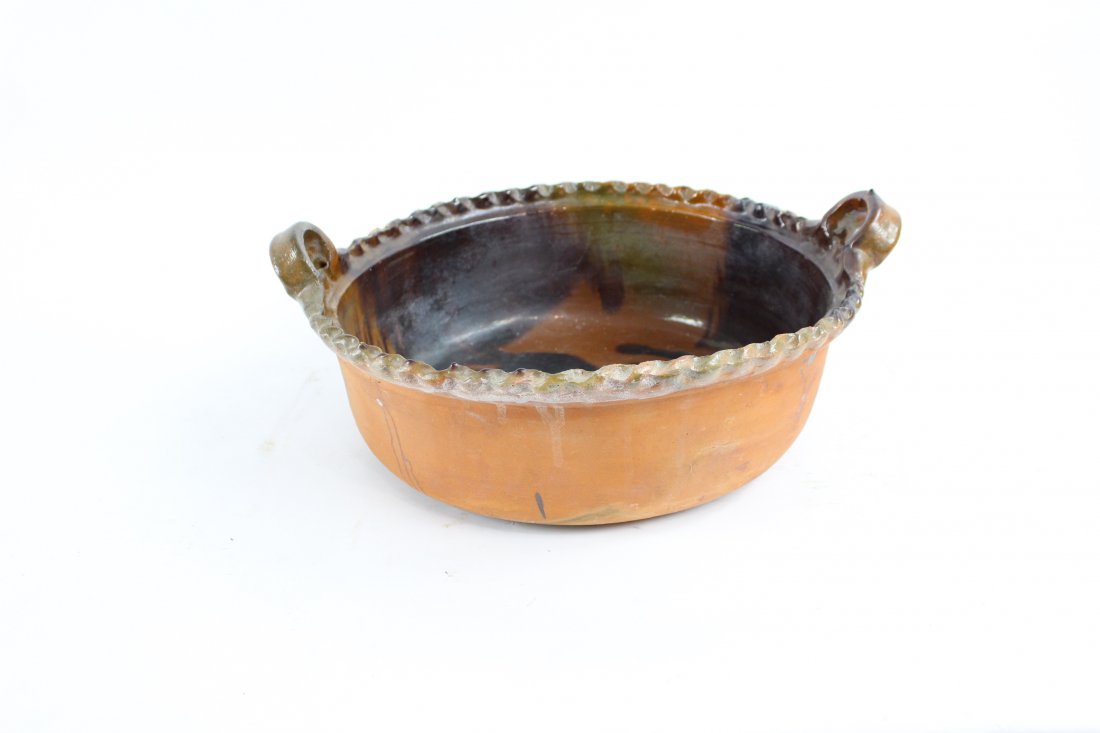 Large French Glazed Pottery Two Handled Dish Bowl (1 of 4)