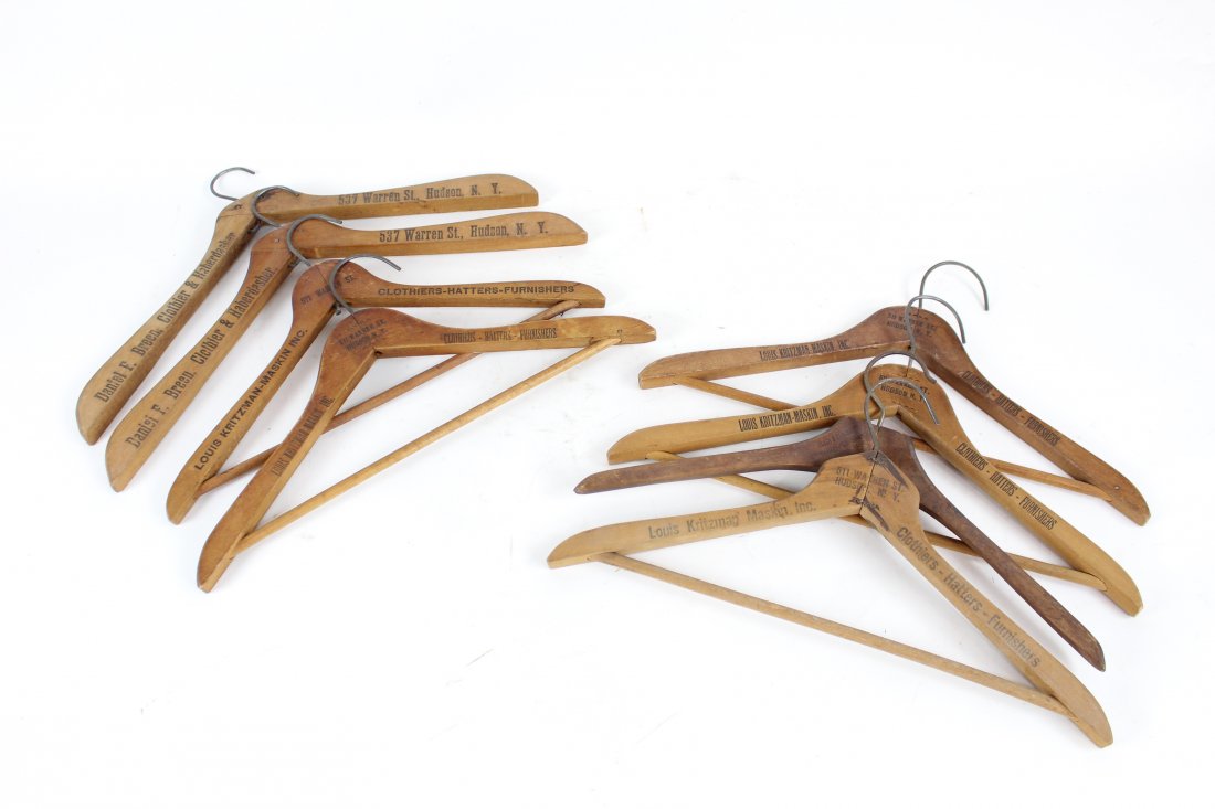 Wooden Clothes Hangers from Warren Street Hudson, NY: Set of 8 wood hangers from Warren Street in Hudson, NY. Great advertising! Hangers are in excellent shape, call for additional condition report. Dimensions: 18in x 8.5in