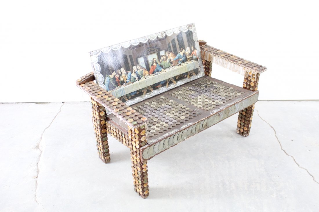 Folk Art Bench with Paint-By-Number Last Supper Back (1 of 5)