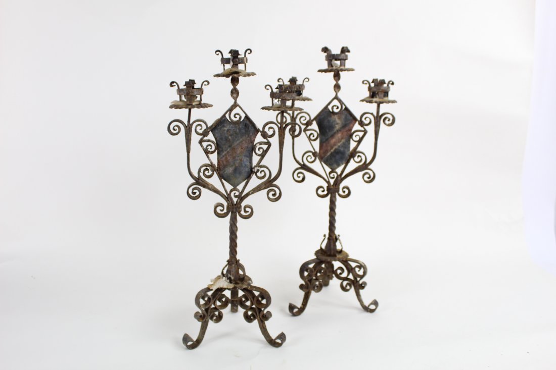 Pair Wrought Iron Candelabras with Painted Shield (1 of 6)