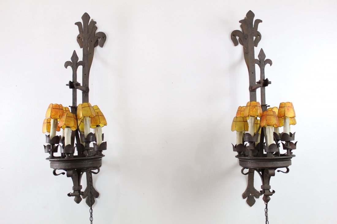 Huge Pair Architectural Iron Sconces & Mica Shades (1 of 7)