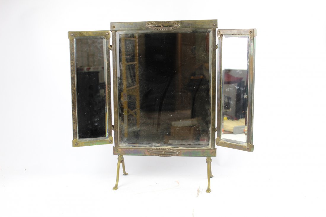 Brass Tri Fold Tabletop Mirror, Beveled Glass (1 of 8)