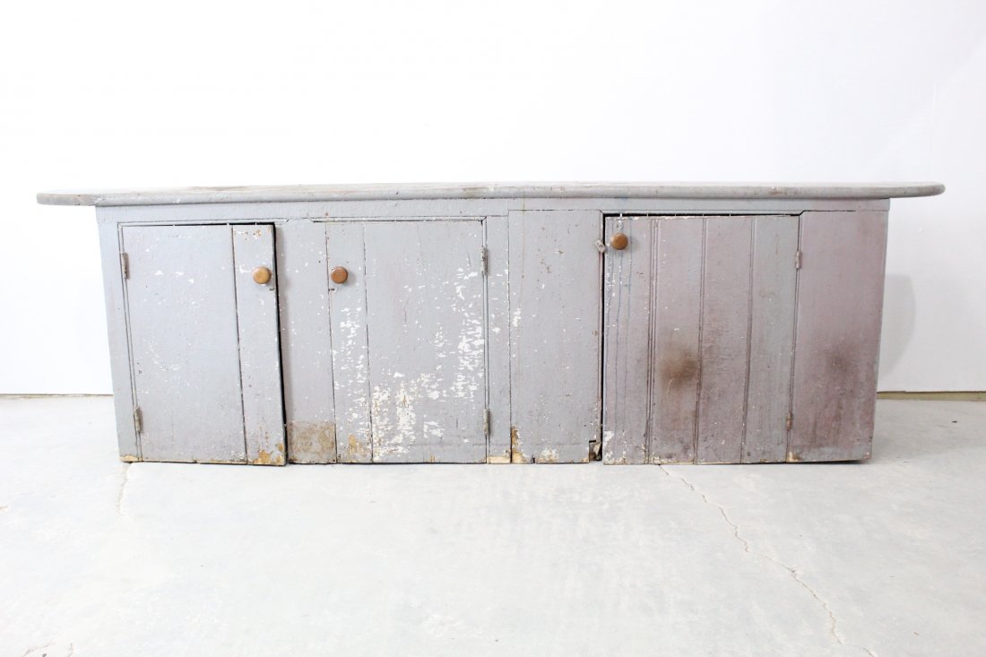 Long Low Grey Painted Wood Primitive Cupboard, Country (1 of 6)