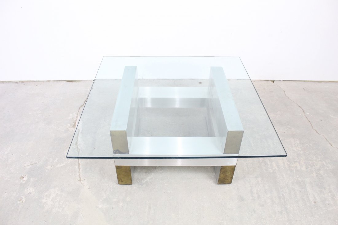 Modern Paul Evans Style Glass Table, Aluminum and Brass (1 of 7)