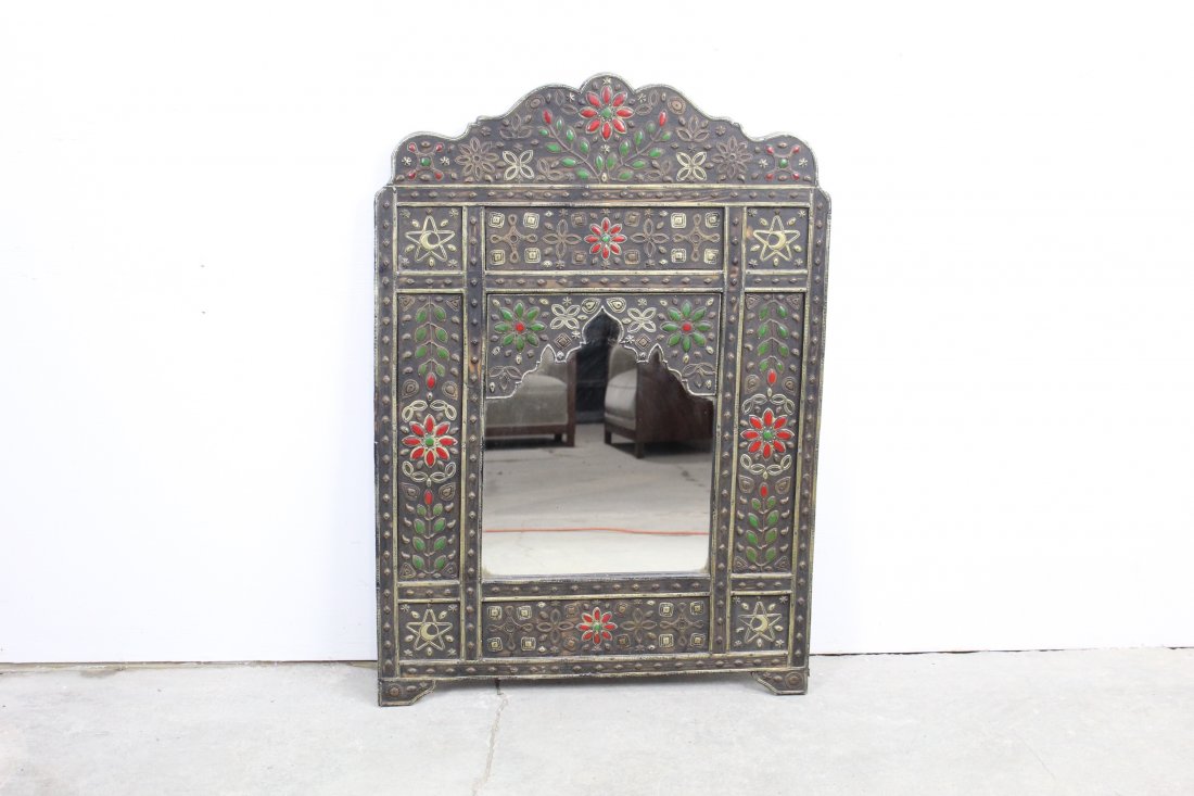 Large Brass Enameled Mirror, Middle Eastern Style (1 of 11)