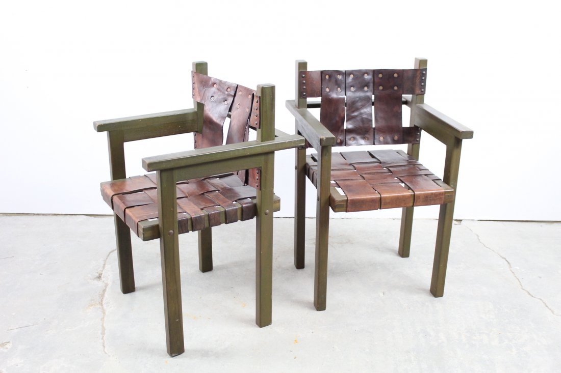 Pair of Woven Leather Strap Chairs Mid Century Modern (1 of 13)
