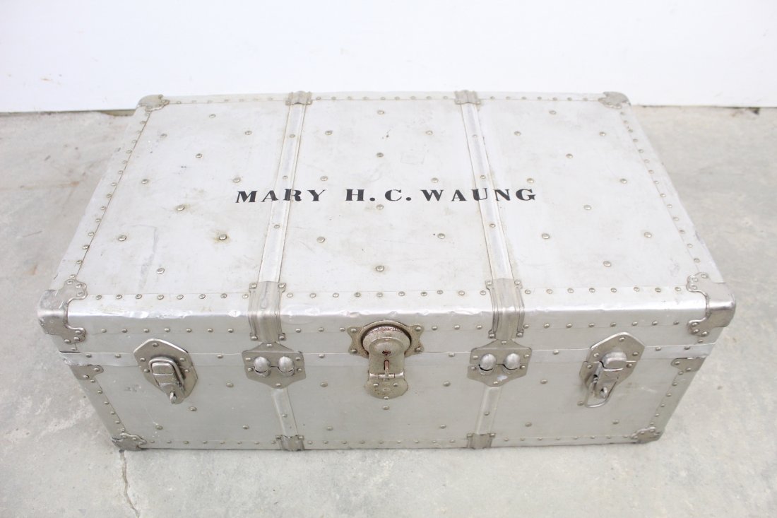 "Waung" Stenciled Aluminum Trunk With Leather Handles (1 of 12)