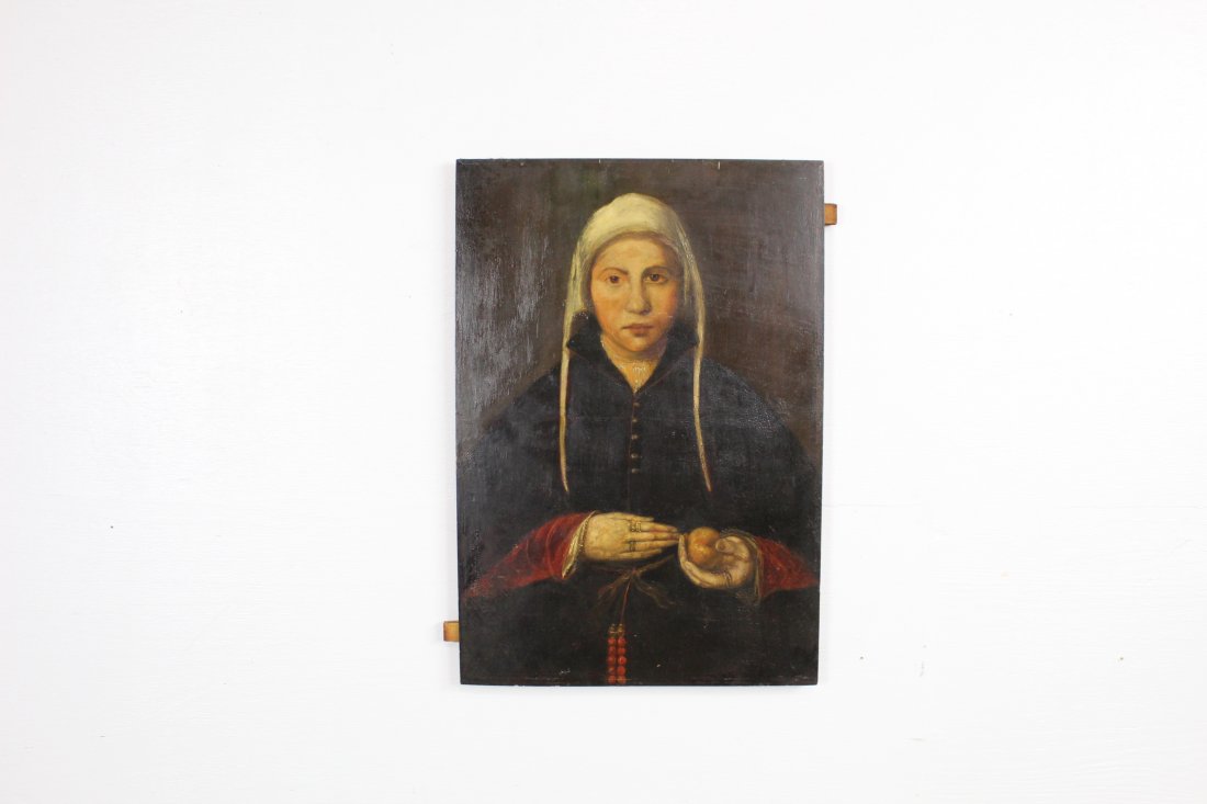 Oil on Wood Board, Religious/Devout Woman with Apple: Oil on Wood Board, Religious/Devout Woman with Apple. Woman in dark robes with white cap holding fruit. No frame.Condition: Good, Minor surface scratches. Small scuffs. Please call or email for a deta