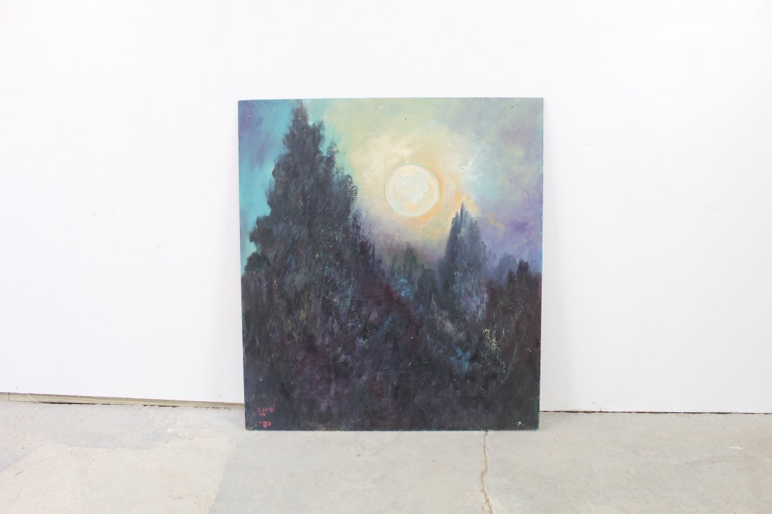 Large Modern Painting 1980 by Lunin, Moon Magic: Large Modern Painting 1980 by Lunin, Moon Magic. This painting is not framed. Titled "Moon Magic" on the back and dated 1980. Condition: Very good, nicked up a bit, Please call or email for a detailed