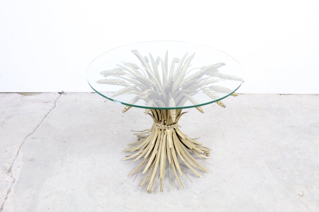 Gold Painted Wheat Table with Glass Top: Mid Century table with round glass removable top and a brass base that looks like its made of wheat. It would be a beautiful addition to any room. Table is in excellent condition. Dimensions are 19.75