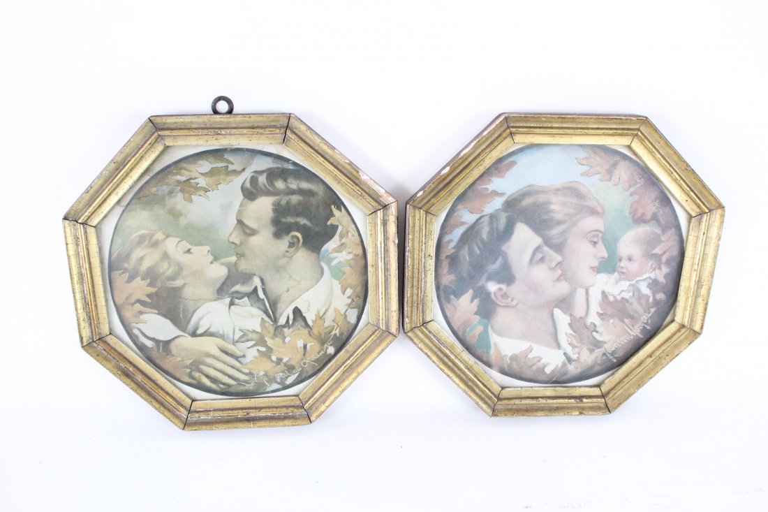 Pair Octagon Gold Gilt Frame Prints,Deco Couple in Love (1 of 5)