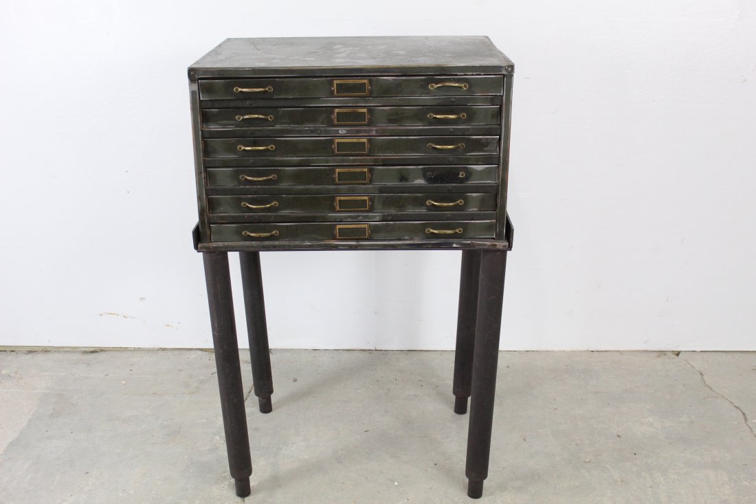 Industrial Steel Flat File & Custom Stand/Table: Industrial Steel Flat File & Custom Stand/Table. Nice functioning flat file, someone took the time to have a custom stand made so it much easier to use as a flat file.Condition: Very Good, Please call
