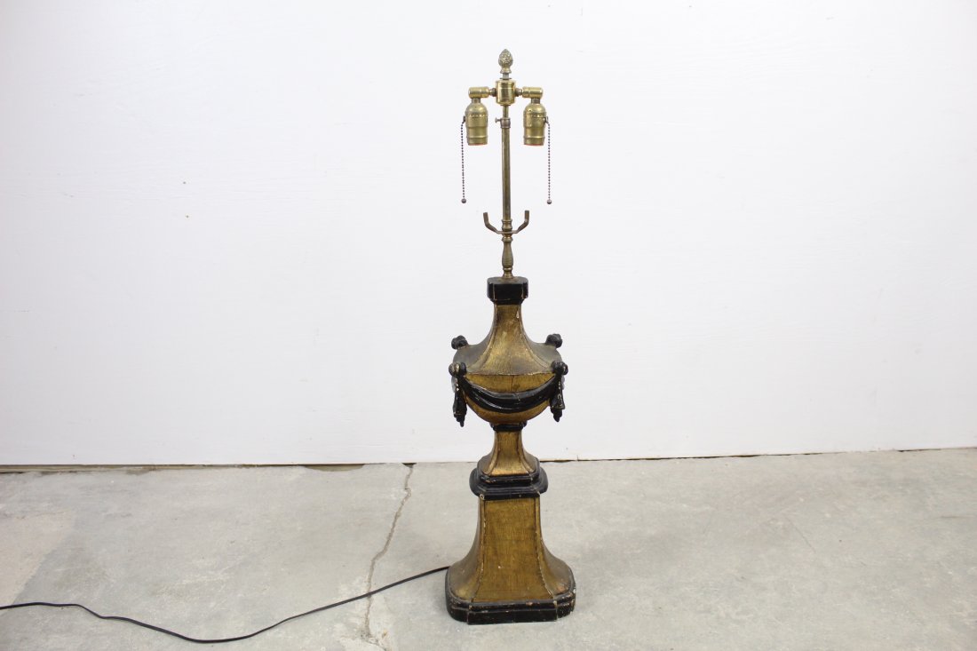 Black & Gold Gilt Formal Tall Table Lamp: Black & Gold Gilt Formal Tall Table Lamp. A nice lamp with double socket and finial. No shade. It is plaster over wood.Condition: Very Good with normal chips and wear to edges of the plaster under the