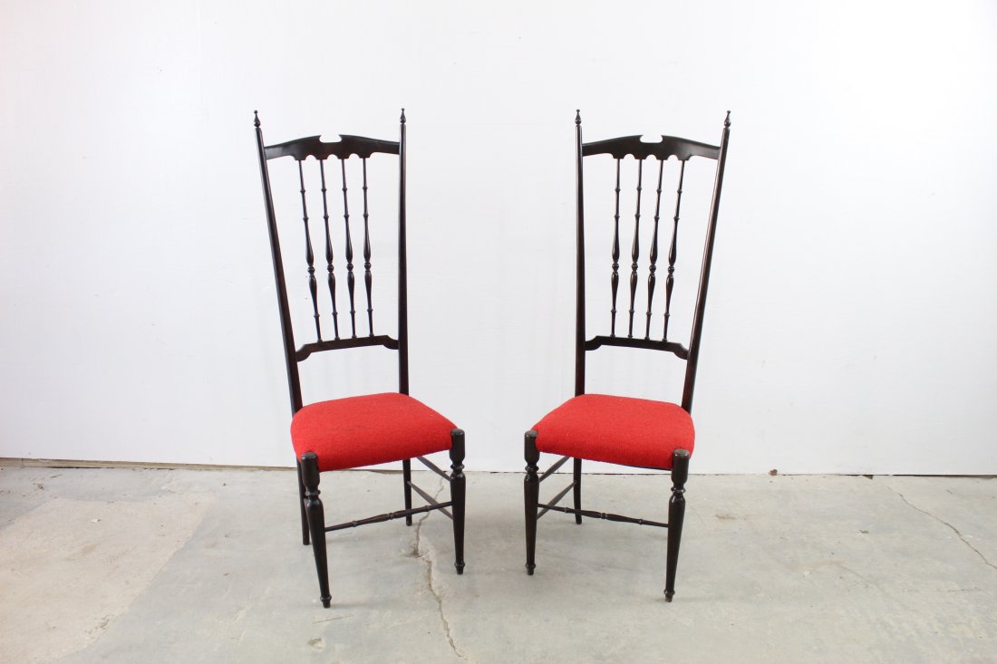 Pair of Ebonized Black Chairs in Manner of Chiavari: Pair of Ebonized Black Chairs in Manner of Chiavari. These chairs are a show stopper. Tall and sleek. These mid century modern chairs are in the style of Chiavari. Condition: Excellent, Please call or