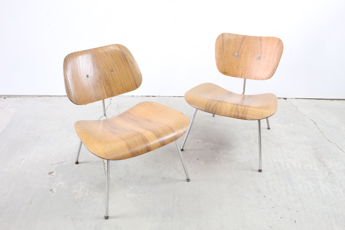 Pair Eames LCM Molded Plywood Lounge Chairs Metal Base (1 of 8)