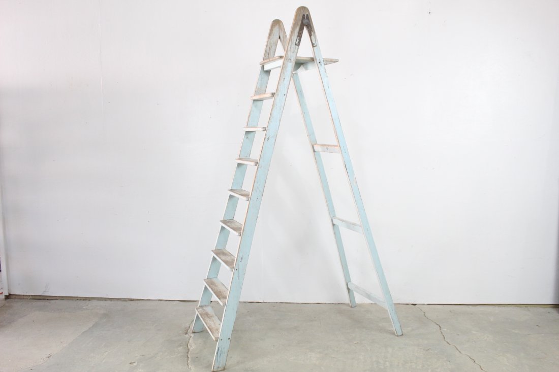 French Powder Blue Painted Ladder 79" Tall, Primitive (1 of 5)