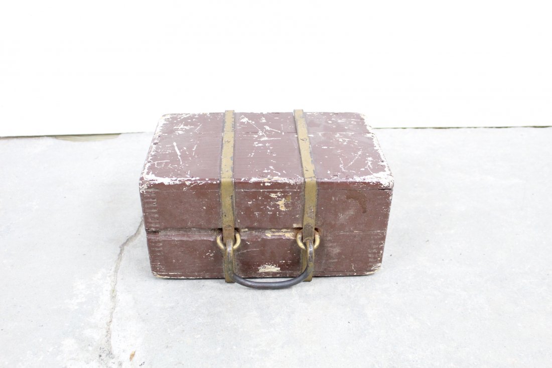 Unusual Folk Art Painted Wood & Iron Handled Case/Block: Unusual Folk Art Painted Wood & Iron Handled Case/Block. The sis either a prop for a secret society like the Odd Fellows, or a prop for a Play Or a book used to put under the wheel of a car so it diss