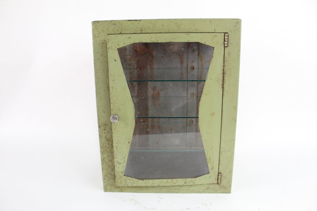 Industrial Mod Geometric Medicine Cabinet Display Case: Industrial Mod Geometric Medicine Cabinet Display Case. This case is interesting with abstract front window opening. There are 2 little brackets to hang from the wall on the back, would be great addit