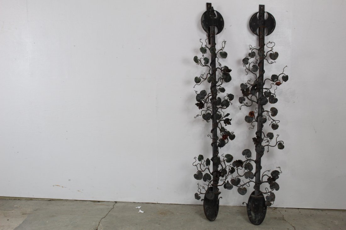 Pair Architectural Iron Rose Branch Vines & Axe Sconces: Pair Architectural Iron Rose Branch Vines & Axe Sconces. These are an impressive pair of sconces. They have been made into just decorative items, no wiring or sockets remain, but when rewired these wi