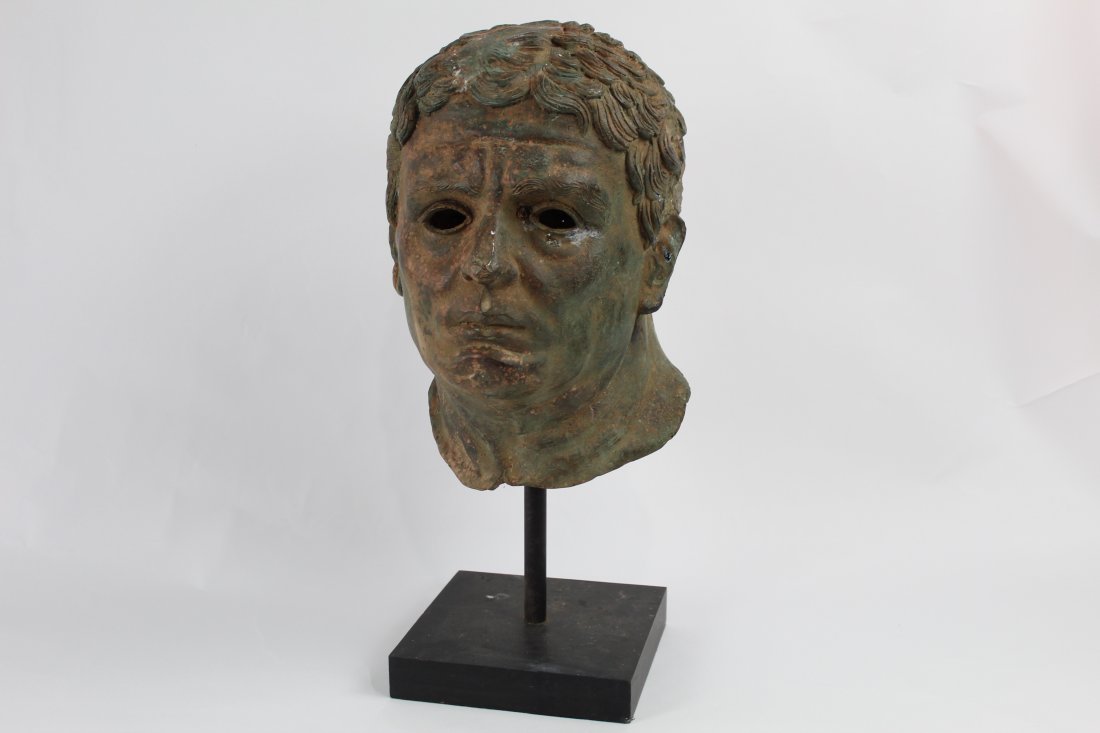 Bronze Sculpture Head of Greek/Roman Warrior on Stand (1 of 4)