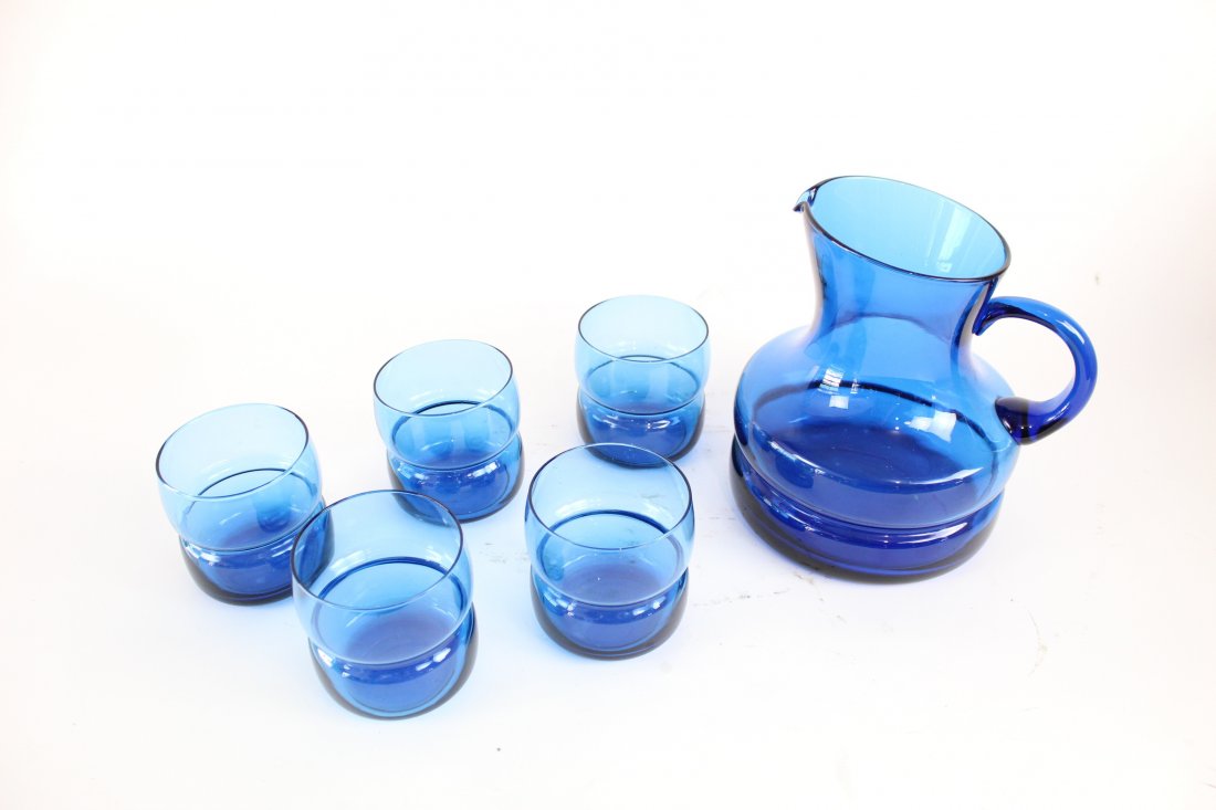Cobalt Blue Mid Century Modern Glass Pitcher & Glasses (1 of 4)