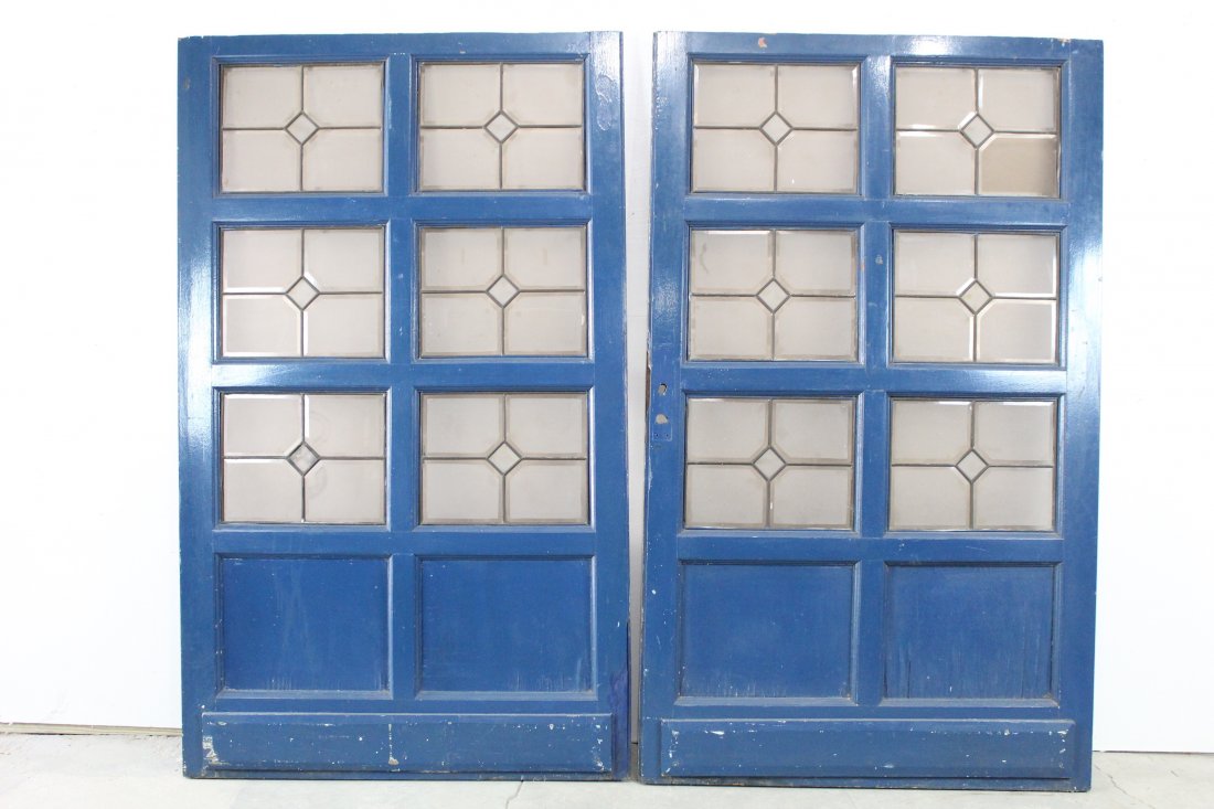 Pair Blue Painted & Leaded Beveled Glass Doors (1 of 8)
