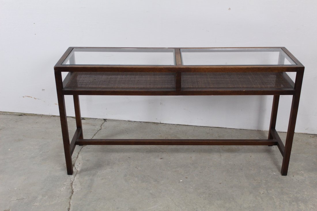 Glass Top & Caned Shelf Sofa Table, Mid Century Modern (1 of 4)