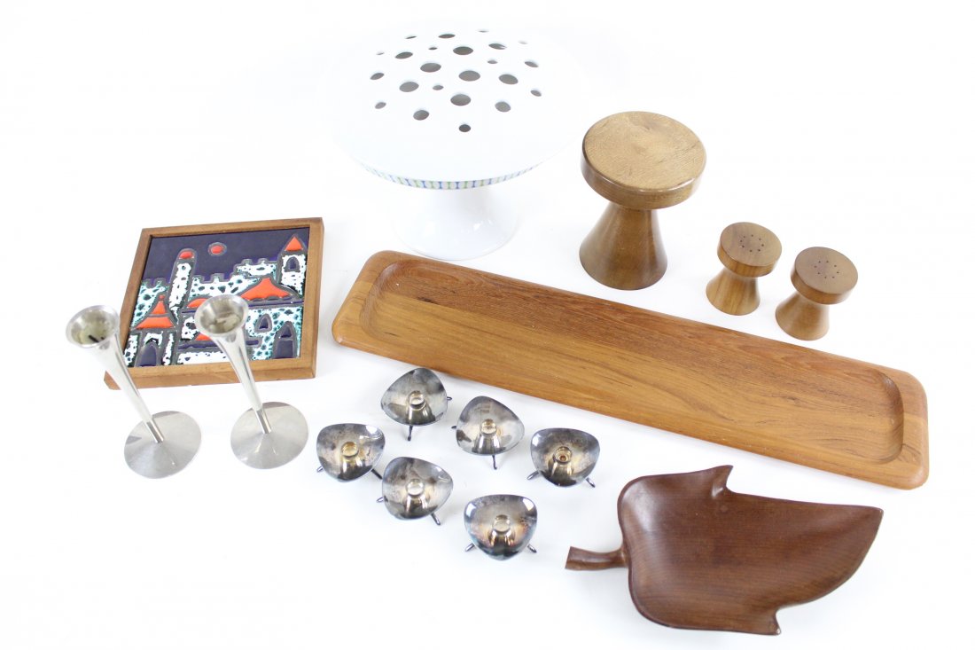 Lot of Mid Century Modern,Tile,Teak,Paul McCobb Compote: Lot of Mid Century Modern,Tile,Teak,Paul McCobb Compote. This lot consists of several small items all Mid Century Modern. The highlights include the Paul McCobb piece, the tile trivet, nice teak long 