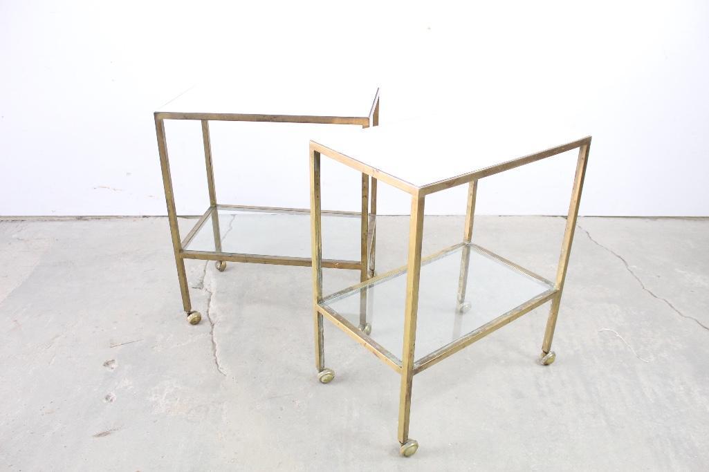 Pair of Brass Side Tables on Wheels, Mid Century Modern (1 of 7)