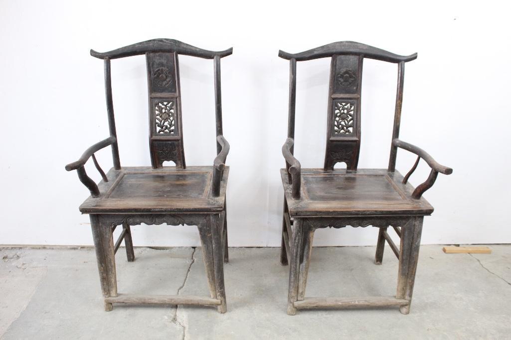 Pair of 19th C. Chinese Yoke Back Wooden Chairs (1/3) (1 of 9)
