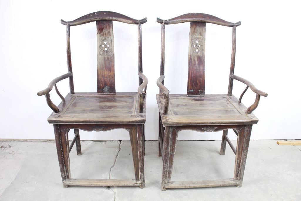 Pair of 19th C. Chinese Yoke Back Wooden Chairs (2/3) (1 of 10)