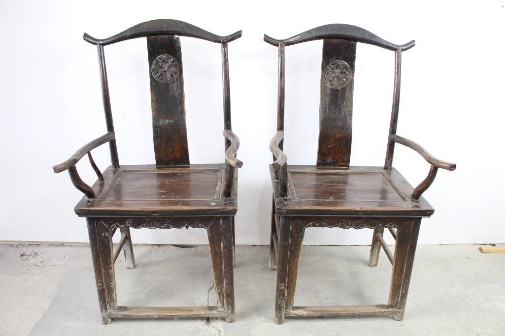 Pair of 19th C. Chinese Yoke Back Wooden Chairs (3/3) (1 of 13)